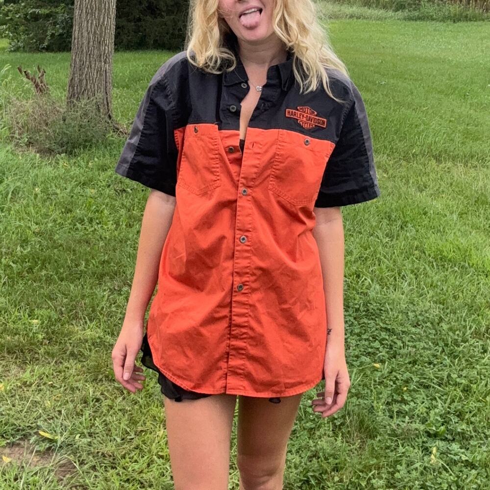 Vintage Harley-Davidson Orange & Black Short Sleeve Mechanic Shirt Men's Large
